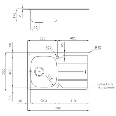 LAVELLO INC. INOX/PREL 790X500 1V+GOCC.DX S1000 FOSTER