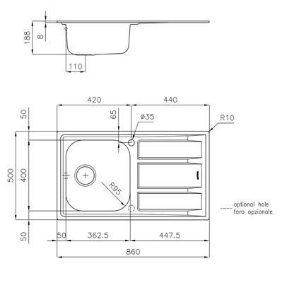 LAVELLO INC. INOX 860X500 1V+GOCC.SX FM FOSTER