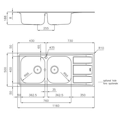 LAVELLO INC. INOX 1160X500 2V+GOCC.DX FM FOSTER