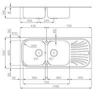 LAVELLO INC. INOX 1160X500 2V+GOCC.SX ALIEN DESIGN FOSTER