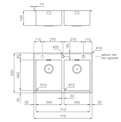 LAVELLO INC. SF/FT INOX 770X520 2V KE FILOTOP FOSTER